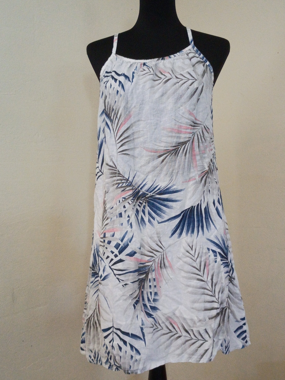 Italian Linen White Tropical Print Mini Dress